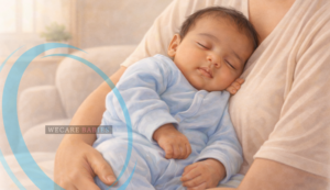 newborn baby sleeping peacefully in parent’s arms at home