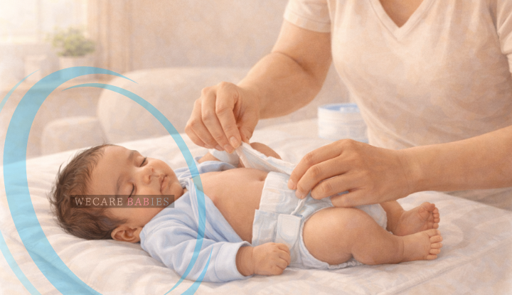 parent changing newborn baby diaper in a clean home setting