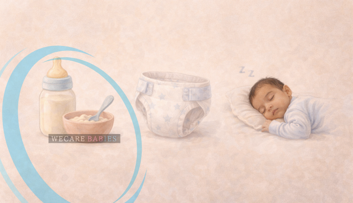 minimal baby care illustration showing feeding and diaper patterns