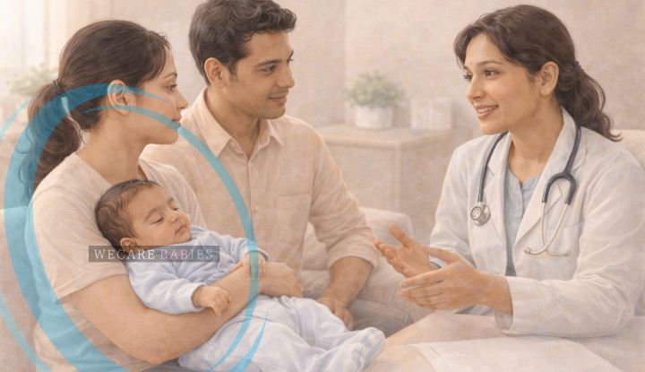 pediatrician calmly discussing newborn stool concerns with parents